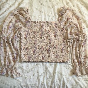 Floral smocked puff sleeved cropped blouse